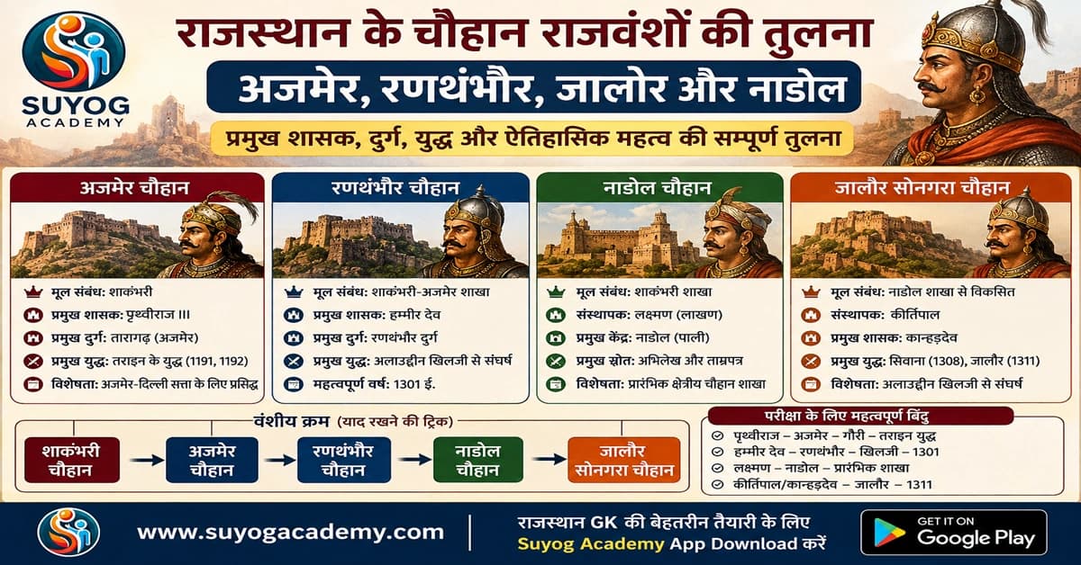 चौहान की 4 शाखाएँ — अजमेर से नाडोल — CET/RAS PYQ के साथ (2026 Free Notes)